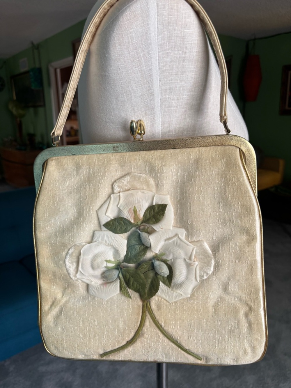Vintage Cream Floral Appliqué Top-Handle Bag